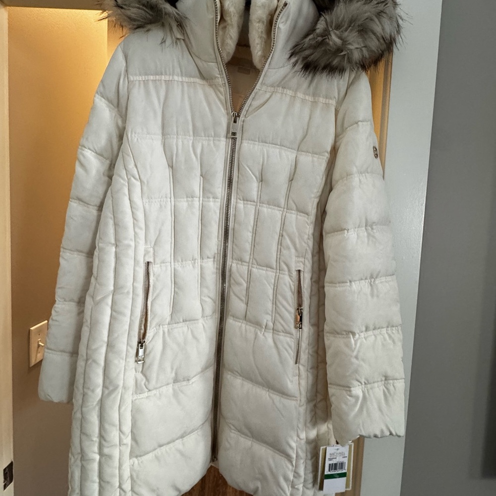 Michael Kors Cream Puffer Jacket with Faux Fur Hood